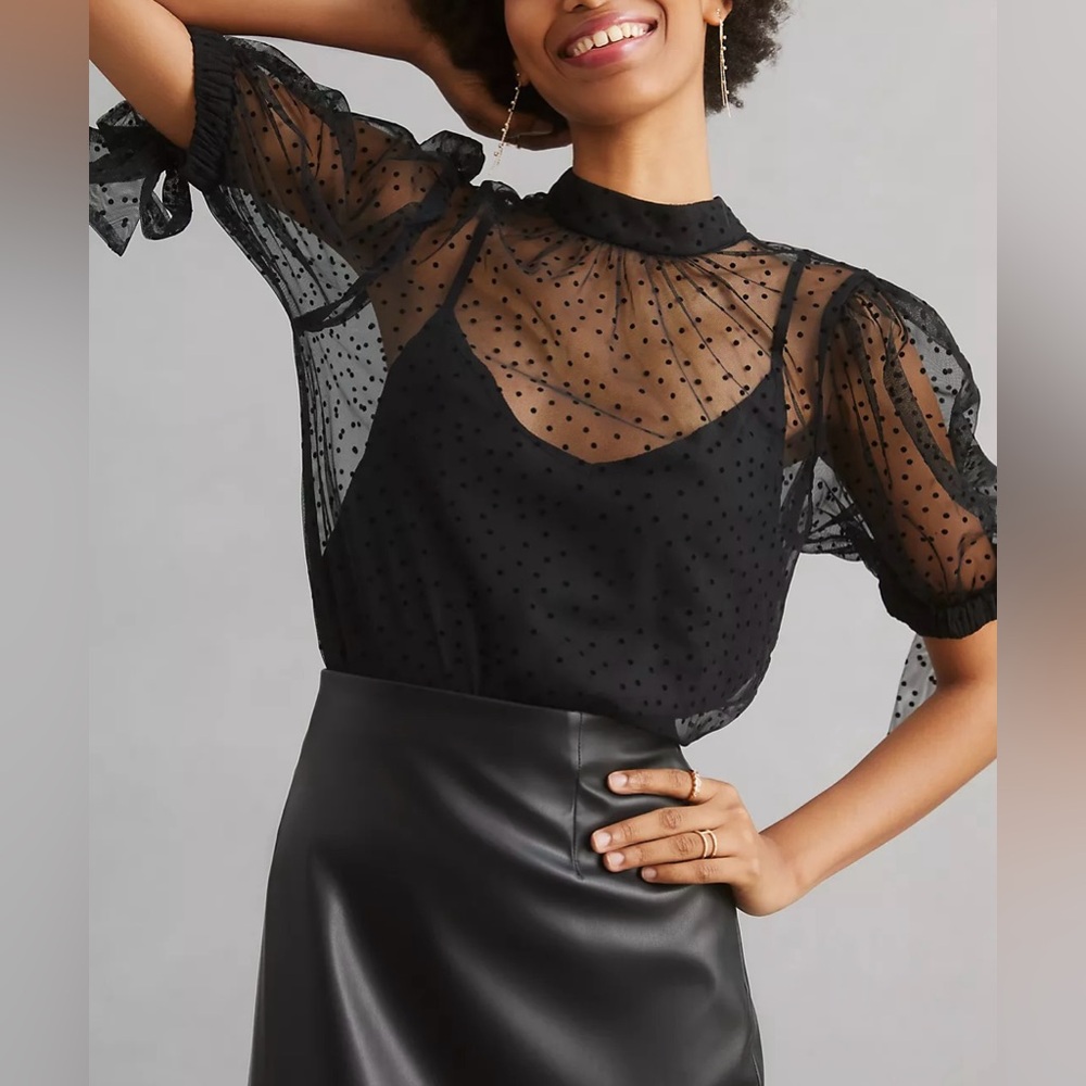 By Anthropologie Sheer Tulle Blouse, black, sz M, like new